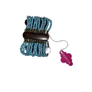 Iris Apfel & Bajalia Multistrand Blue Bead Stretch Bracelet Wood Spacer Artisan